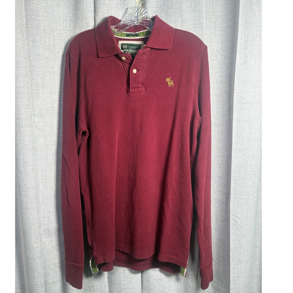 Abercrombie & Fitch Mens Muscle Fit Long Sleeve Polo Shirt Burgundy Maroon Large - Picture 2 of 9